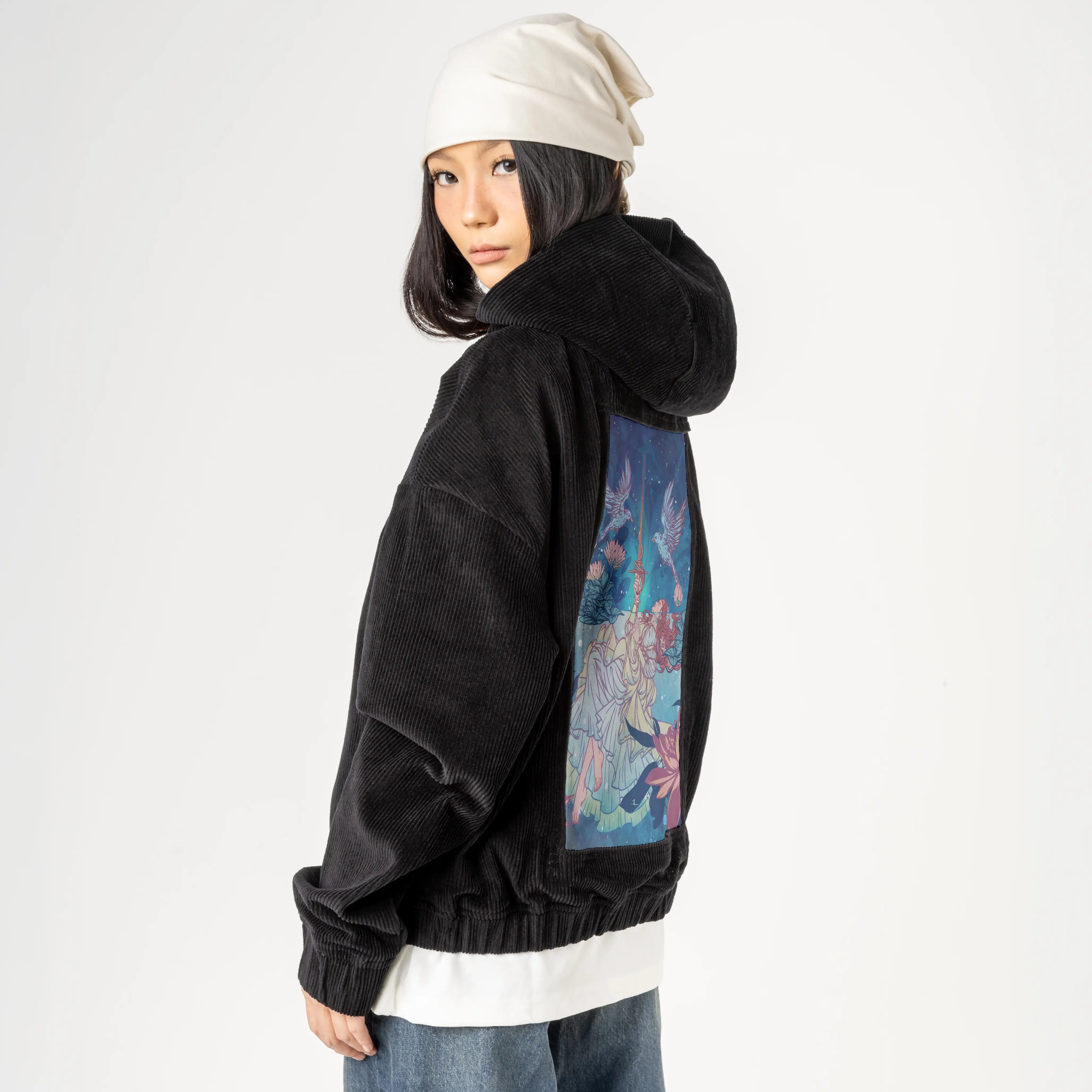 ladyofthelake patch on female retro cord hoodie in onyx