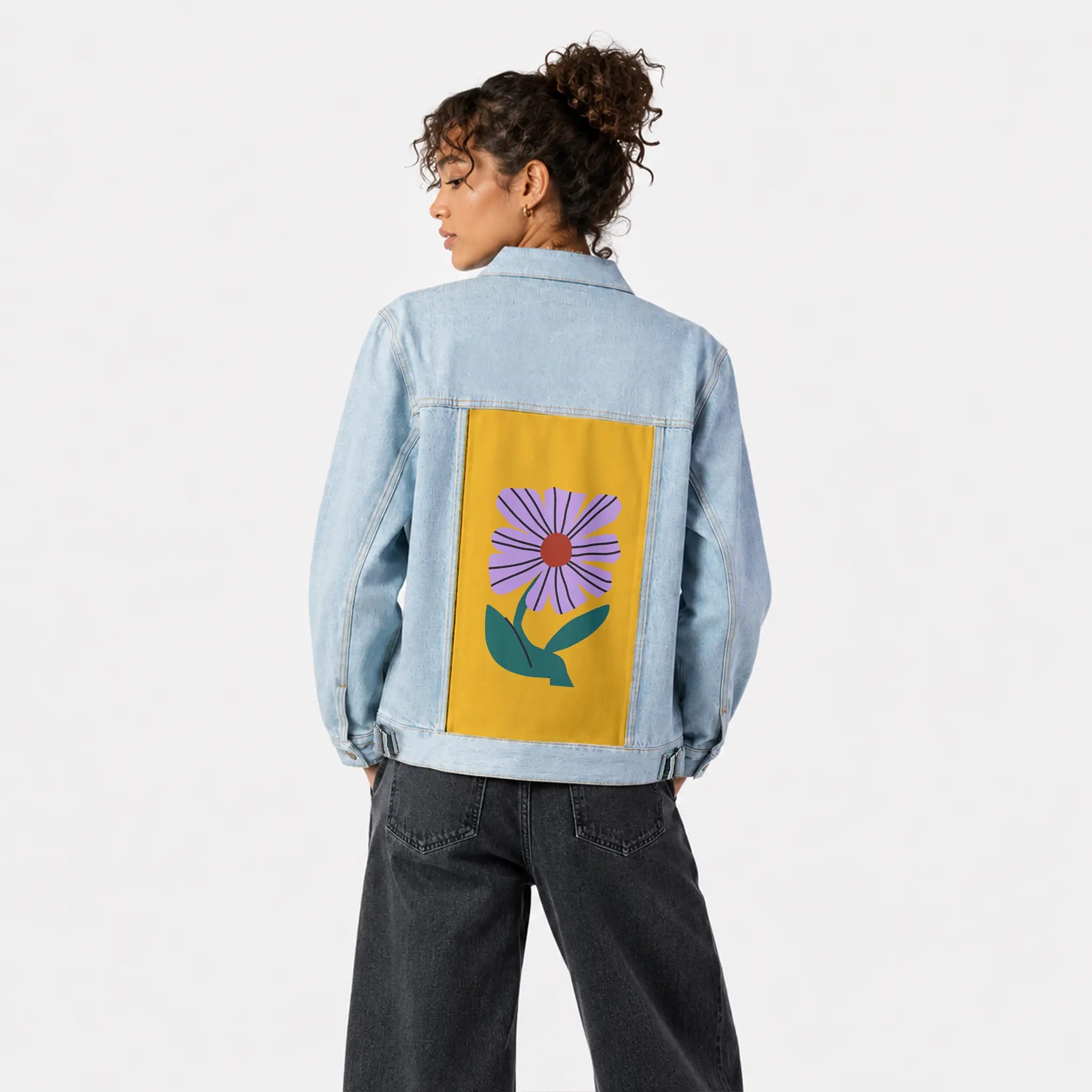 laflor patch on female og denim jacket in oceanside