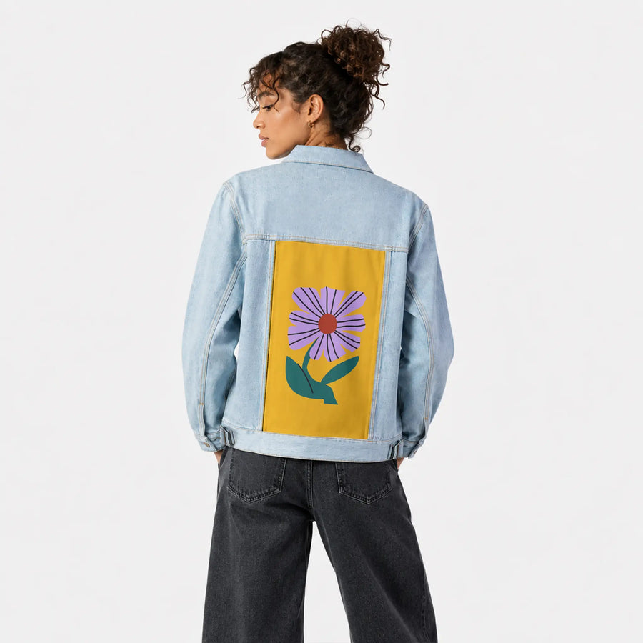 laflor patch on female og denim jacket in oceanside