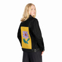 laflor patch on female og denim jacket in raven