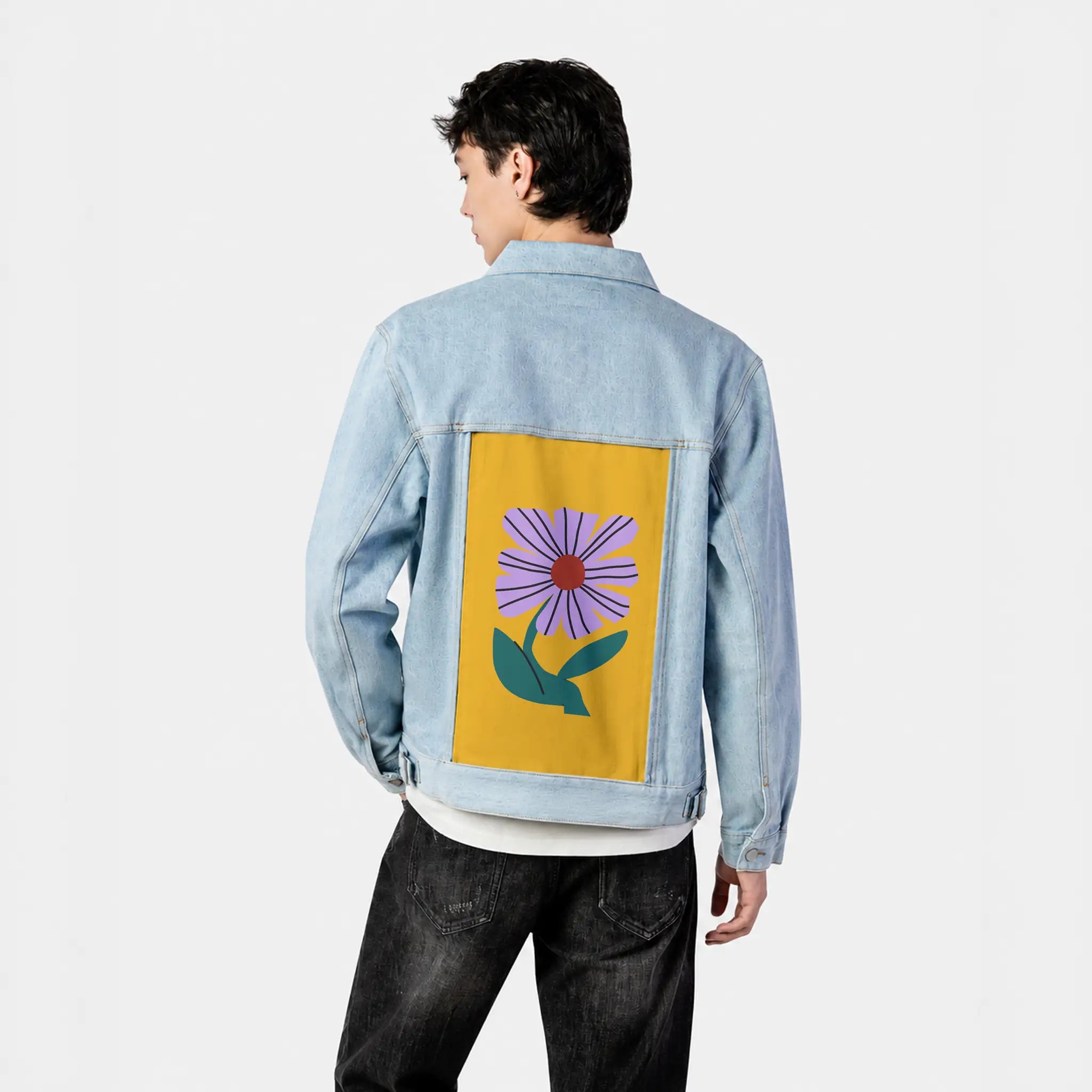 laflor patch on male og denim jacket in oceanside