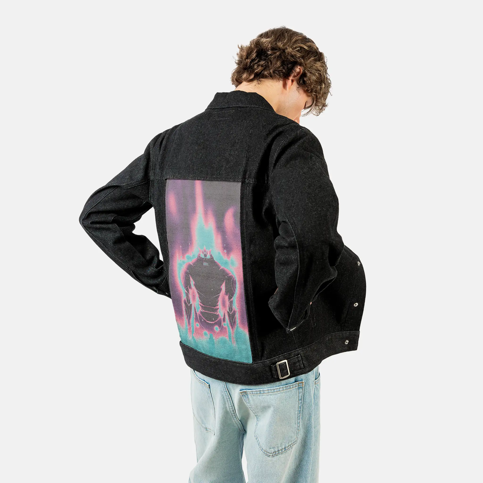 lasteffort patch on male og denim jacket in raven