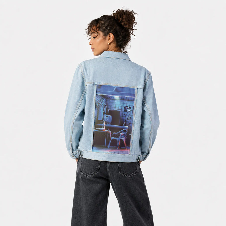 latenight patch on female og denim jacket in oceanside
