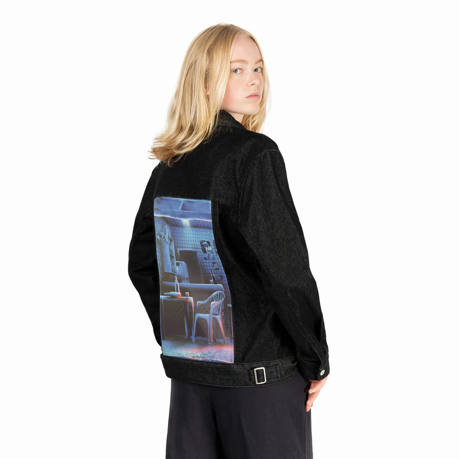 latenight patch on female og denim jacket in raven