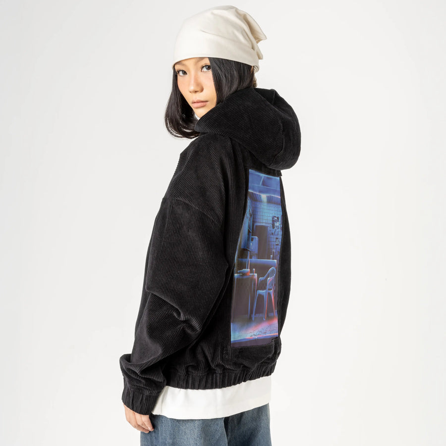 latenight patch on female retro cord hoodie in onyx