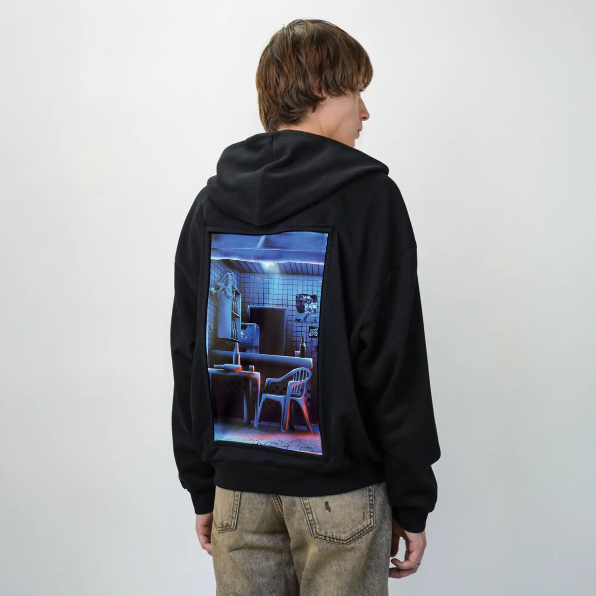 latenight patch on male essential zip hoodie in after hours