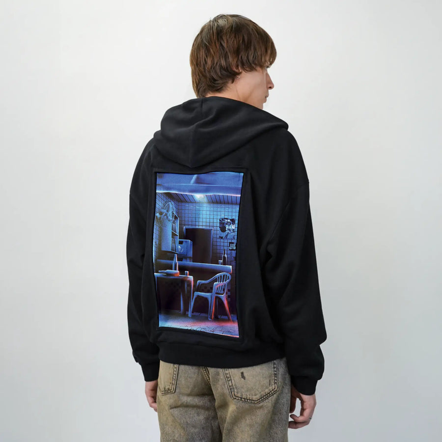 latenight patch on male essential zip hoodie in after hours