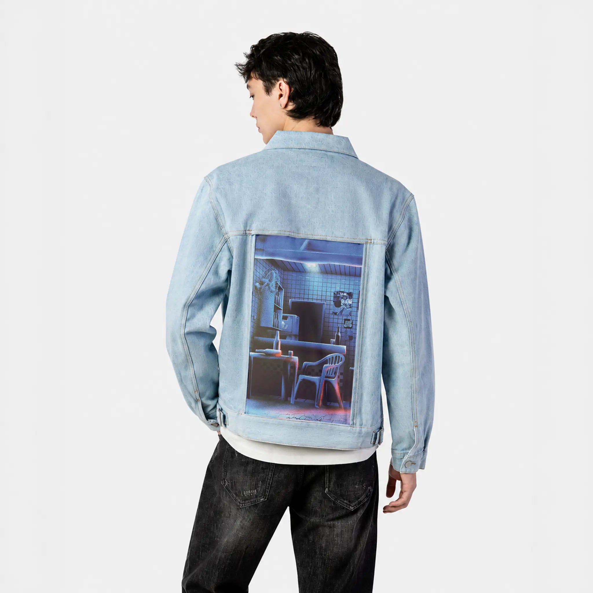 latenight patch on male og denim jacket in oceanside