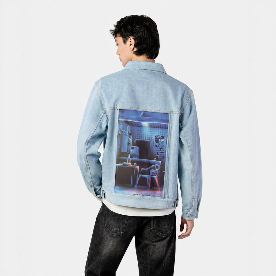 latenight patch on male og denim jacket in oceanside