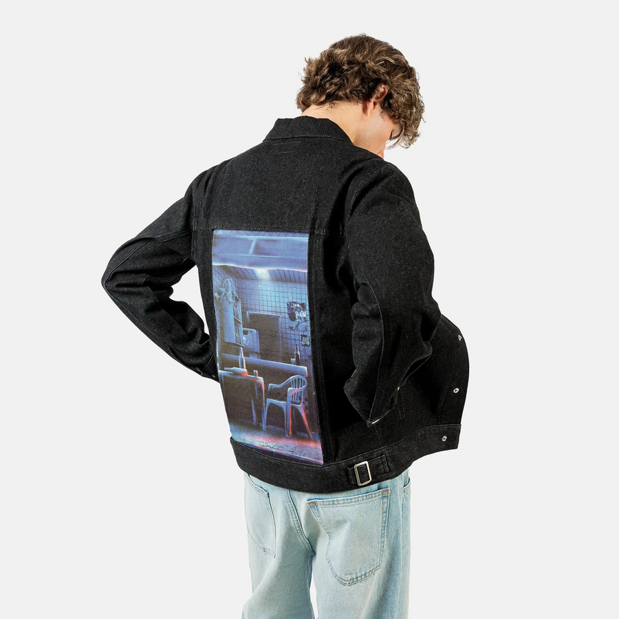 latenight patch on male og denim jacket in raven