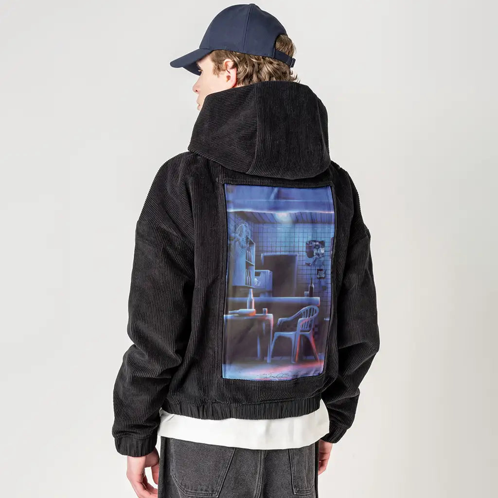 latenight patch on male retro cord hoodie in onyx