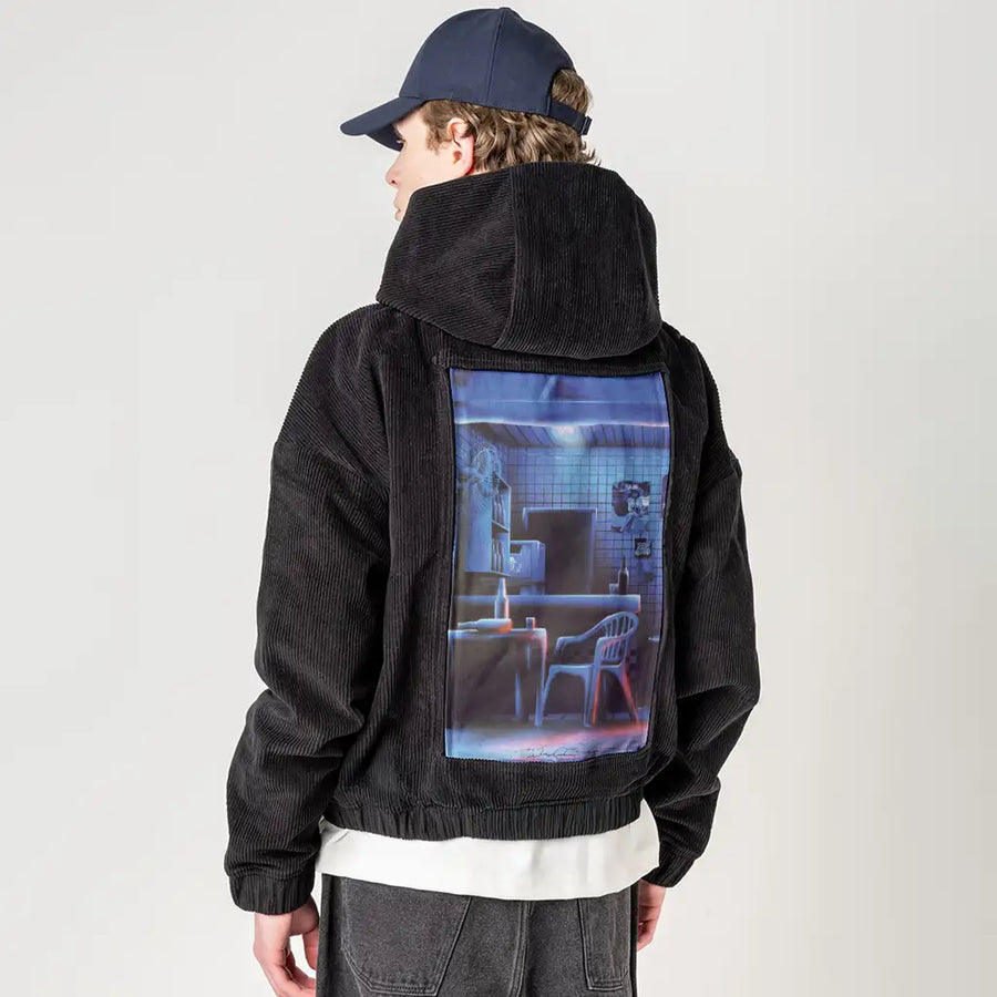 latenight patch on male retro cord hoodie in onyx