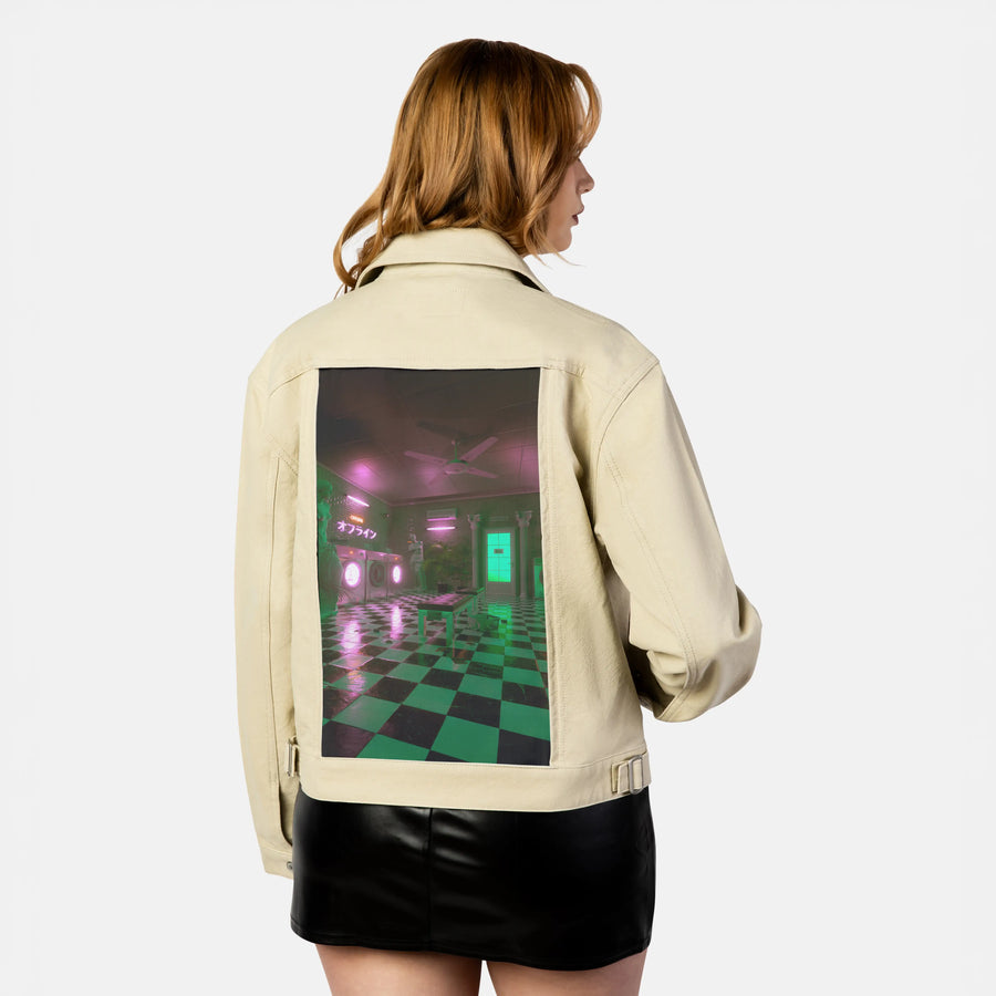 laundromat patch on female atelier canvas jacket in tan