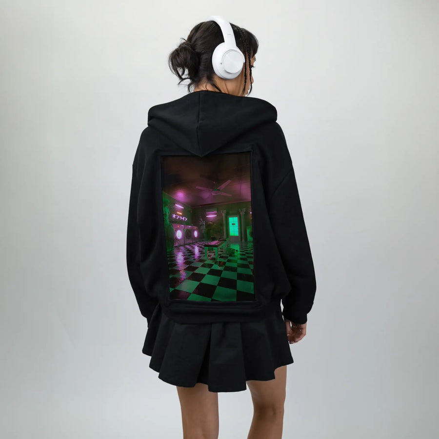 laundromat patch on female essential zip hoodie in after hours