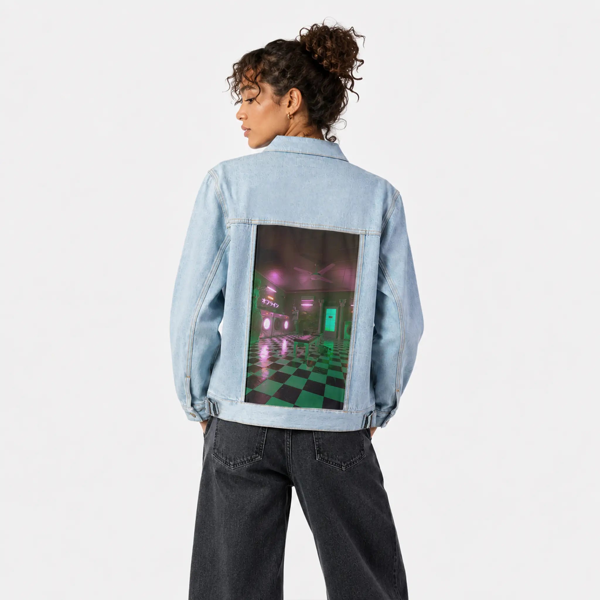 laundromat patch on female og denim jacket in oceanside