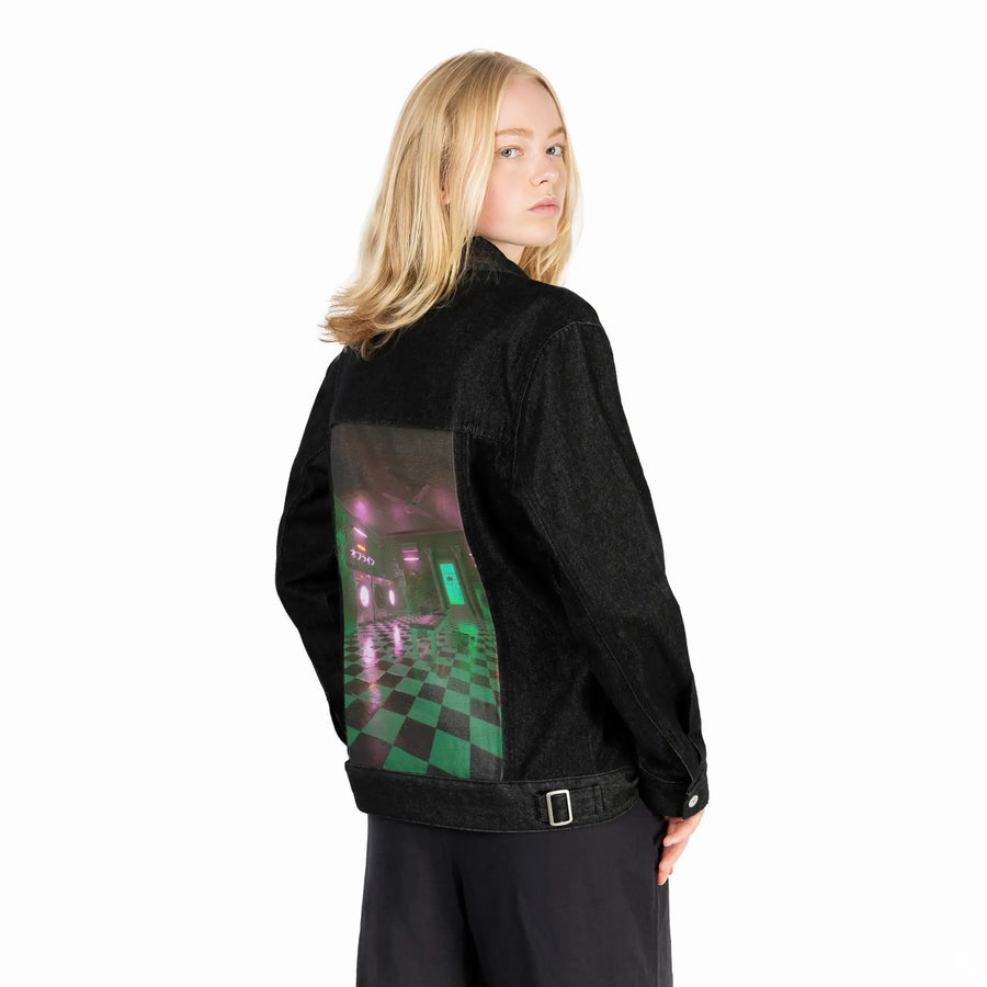 laundromat patch on female og denim jacket in raven