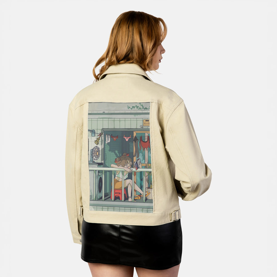 laundryday patch on female atelier canvas jacket in tan