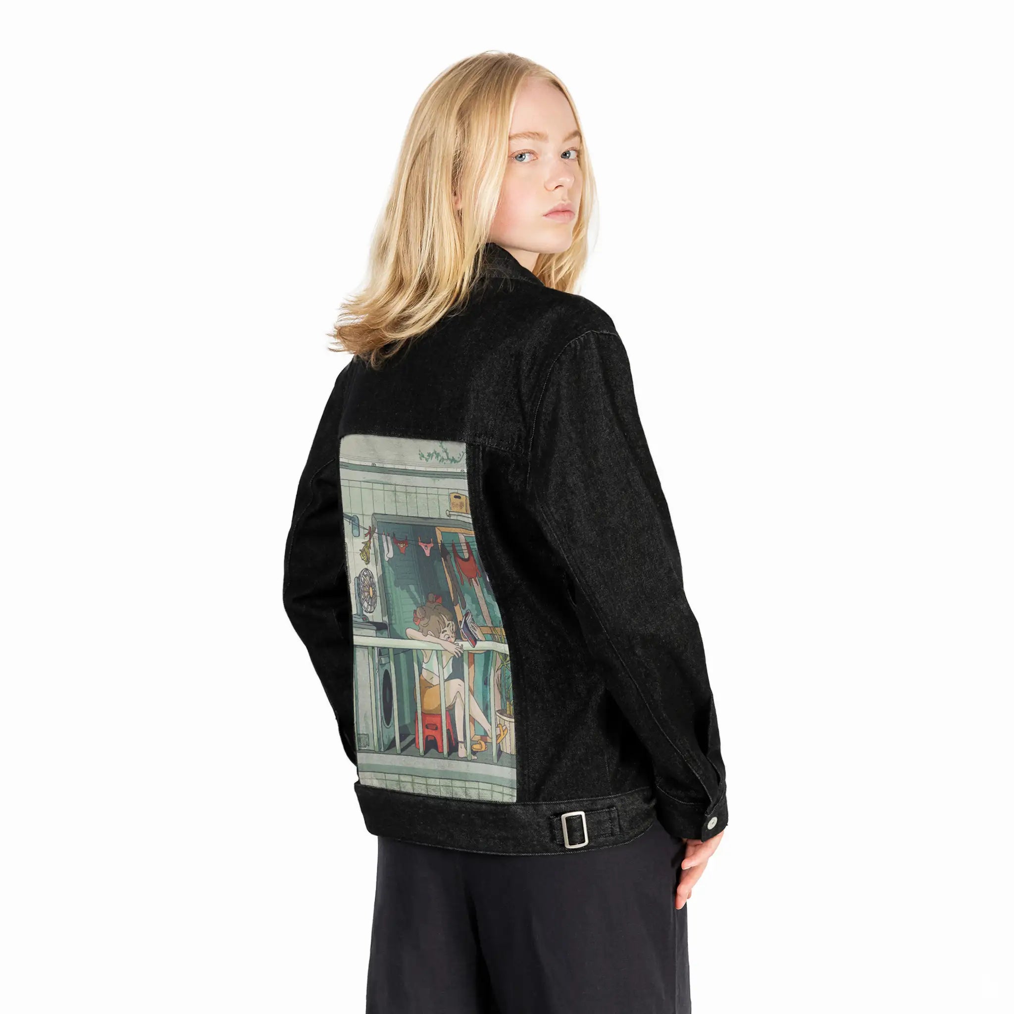 laundryday patch on female og denim jacket in raven