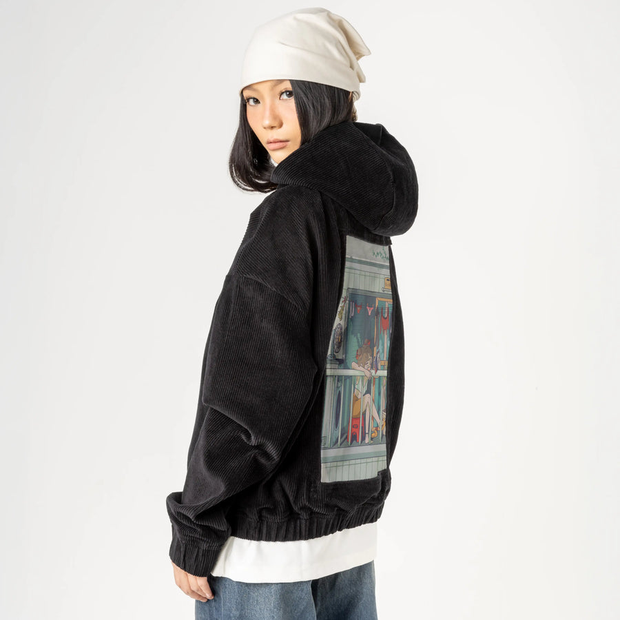 laundryday patch on female retro cord hoodie in onyx