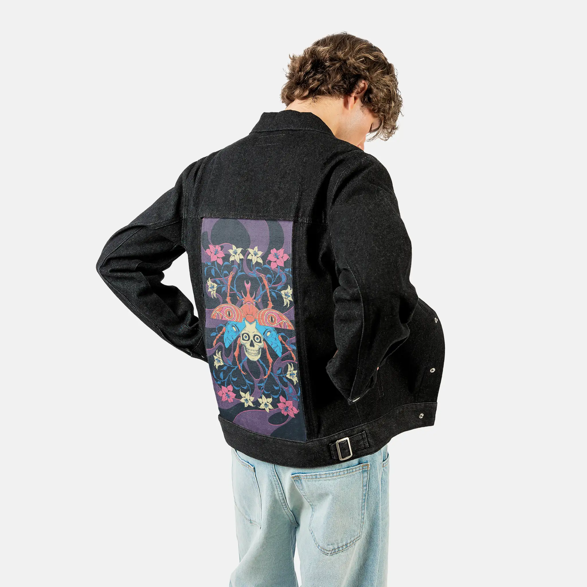 layers patch on male og denim jacket in raven