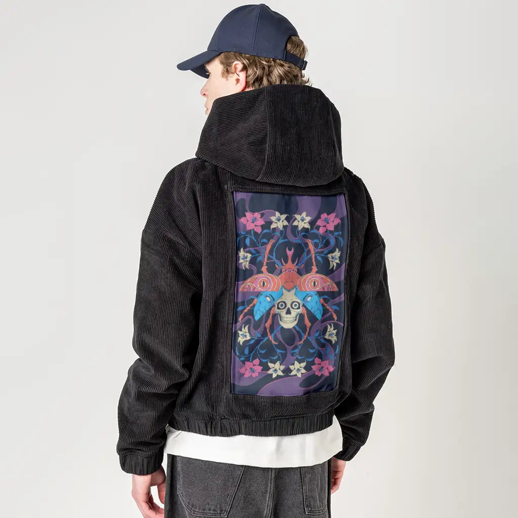 layers patch on male retro cord hoodie in onyx