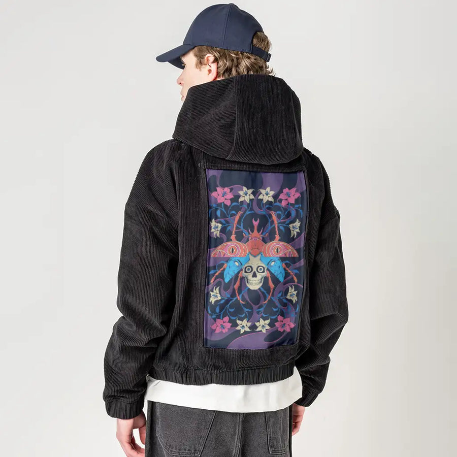 layers patch on male retro cord hoodie in onyx