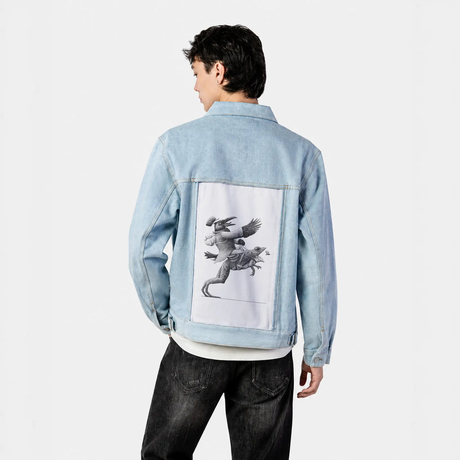 leapingfrog patch on male og denim jacket in oceanside