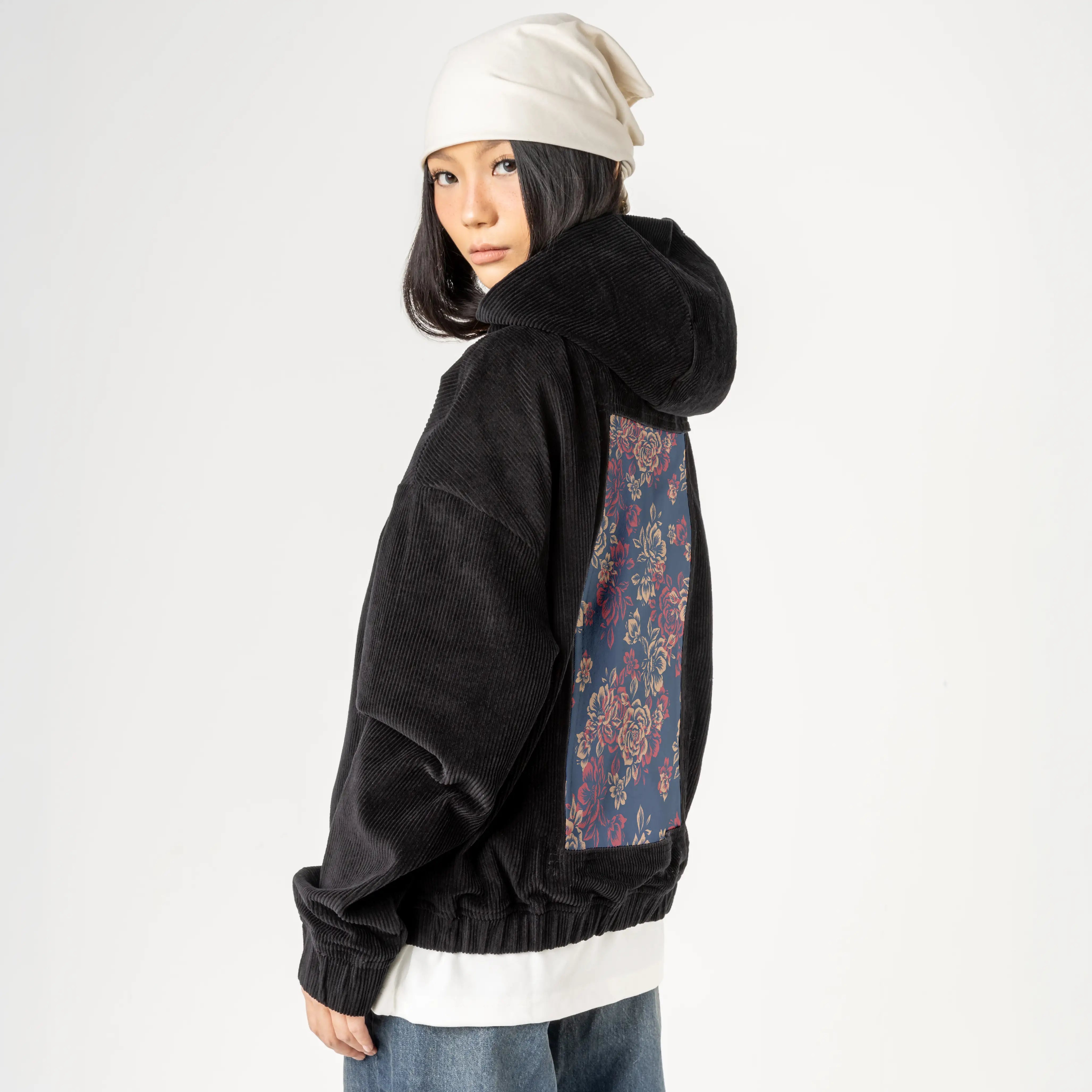lesfleurs patch on female retro cord hoodie in onyx