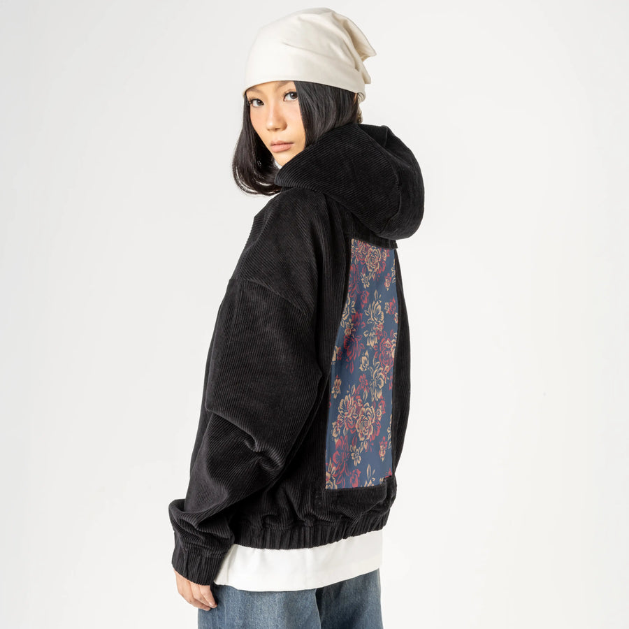 lesfleurs patch on female retro cord hoodie in onyx