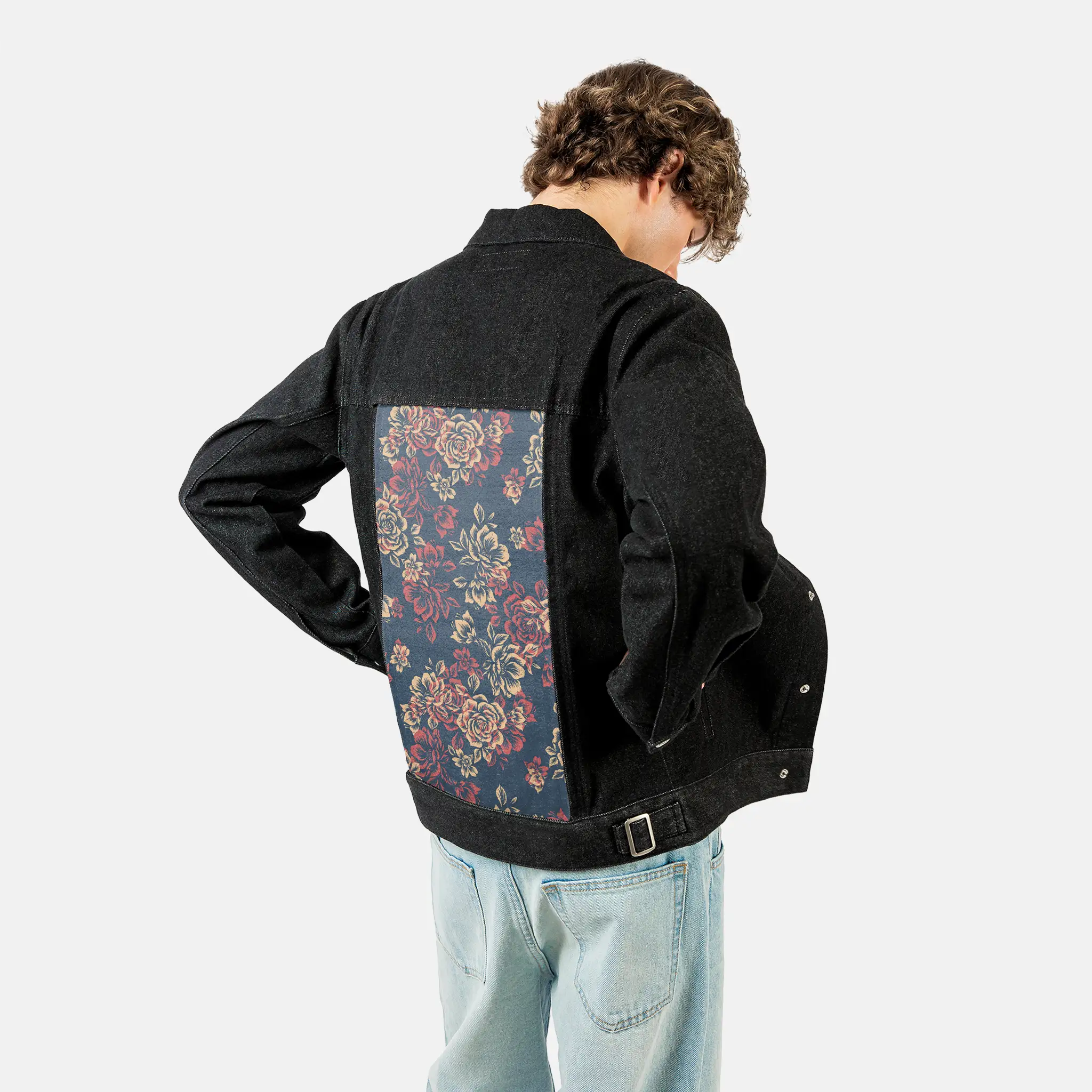 lesfleurs patch on male og denim jacket in raven