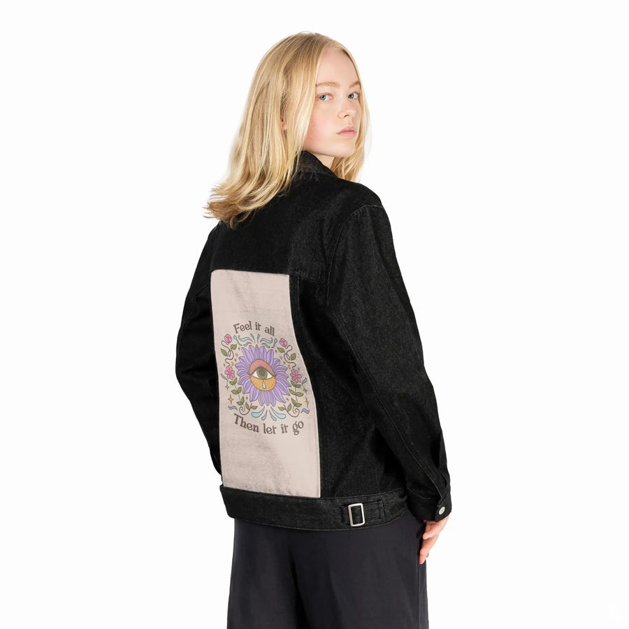 letitgo patch on female og denim jacket in raven
