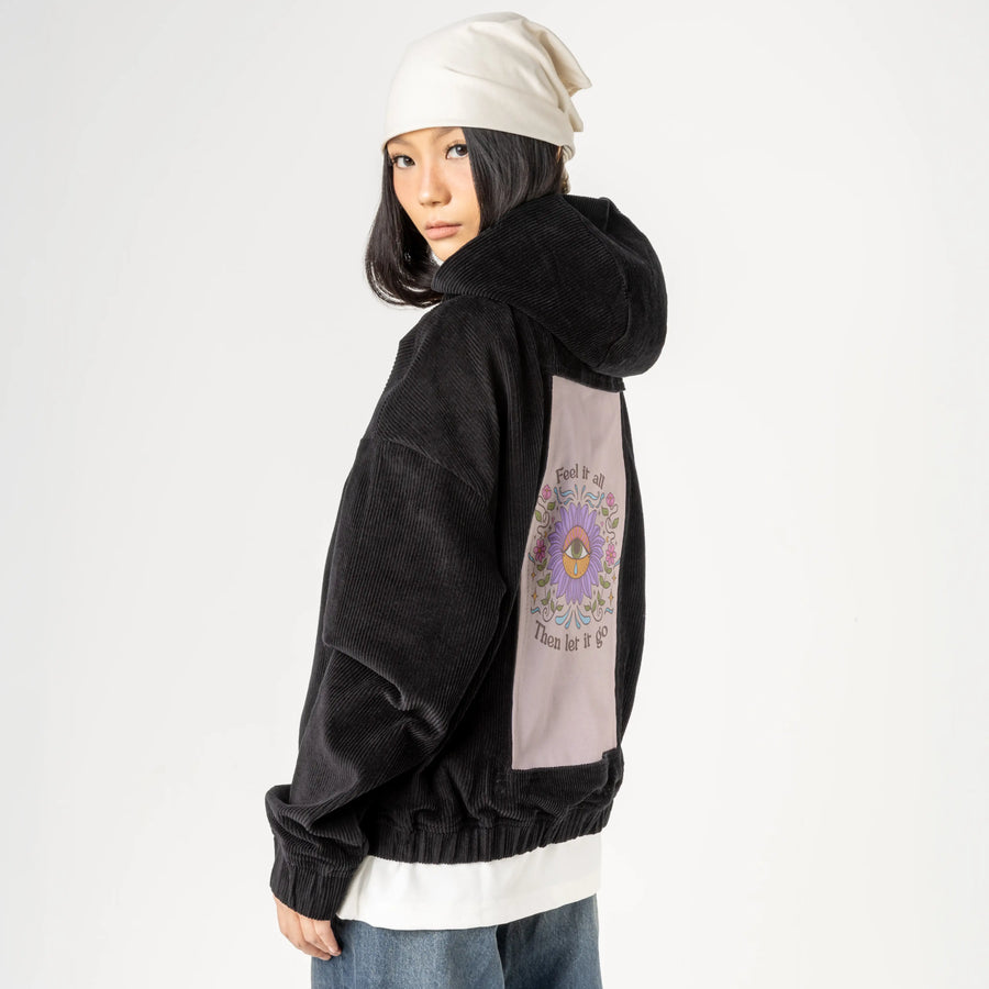 letitgo patch on female retro cord hoodie in onyx