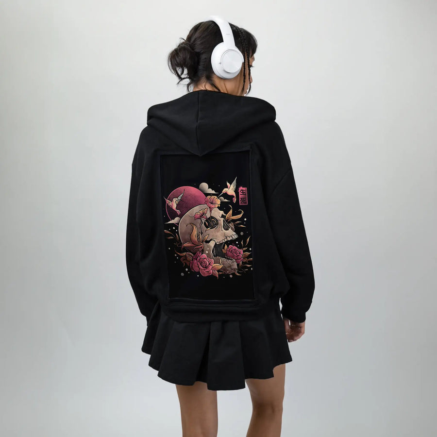 lifeanddeath patch on female essential zip hoodie in after hours