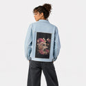 lifeanddeath patch on female og denim jacket in oceanside