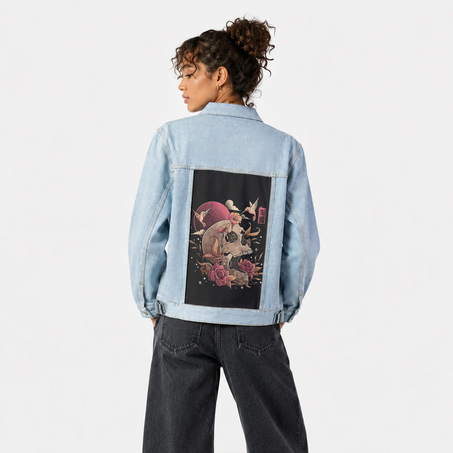 lifeanddeath patch on female og denim jacket in oceanside