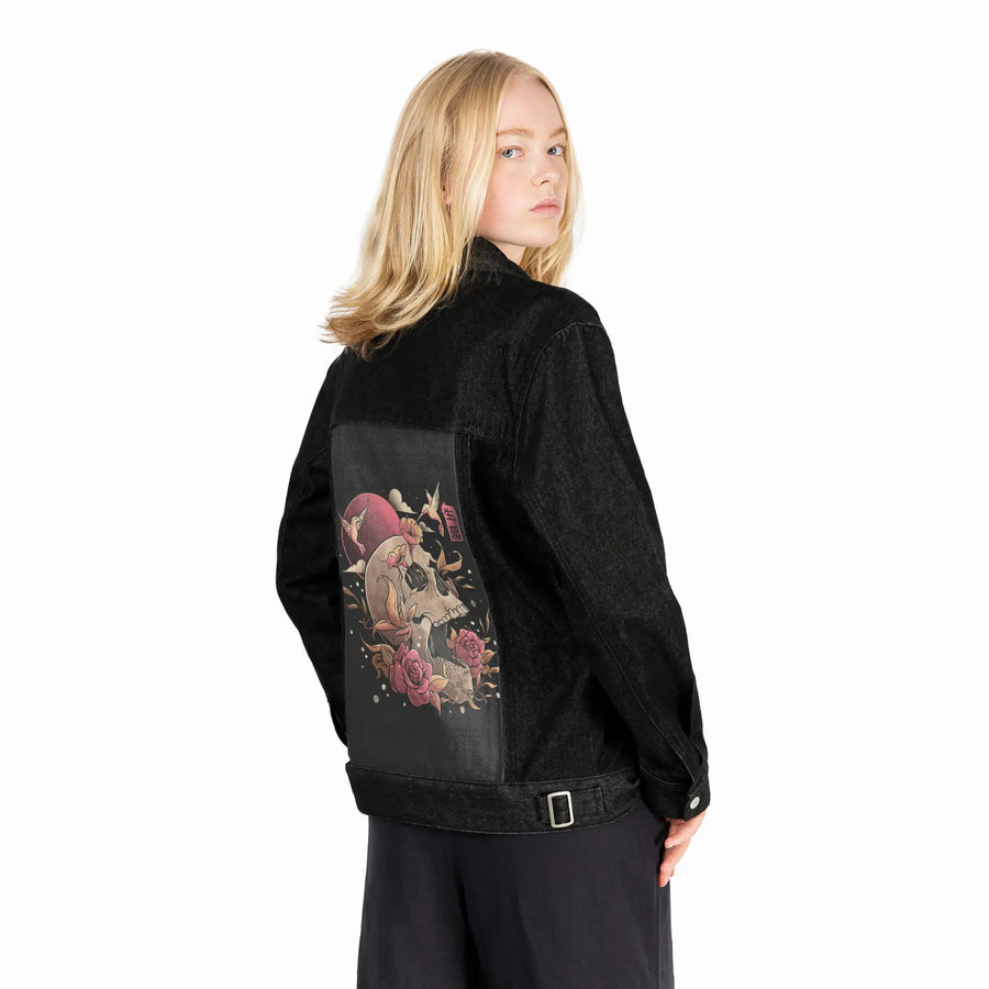 lifeanddeath patch on female og denim jacket in raven