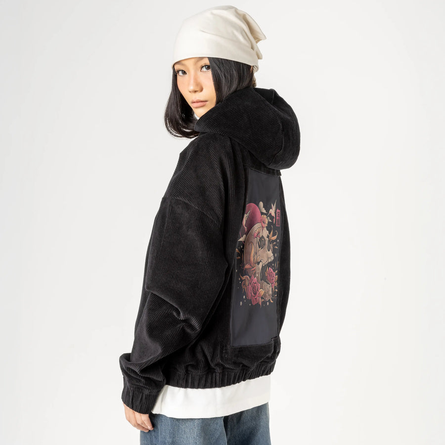 lifeanddeath patch on female retro cord hoodie in onyx