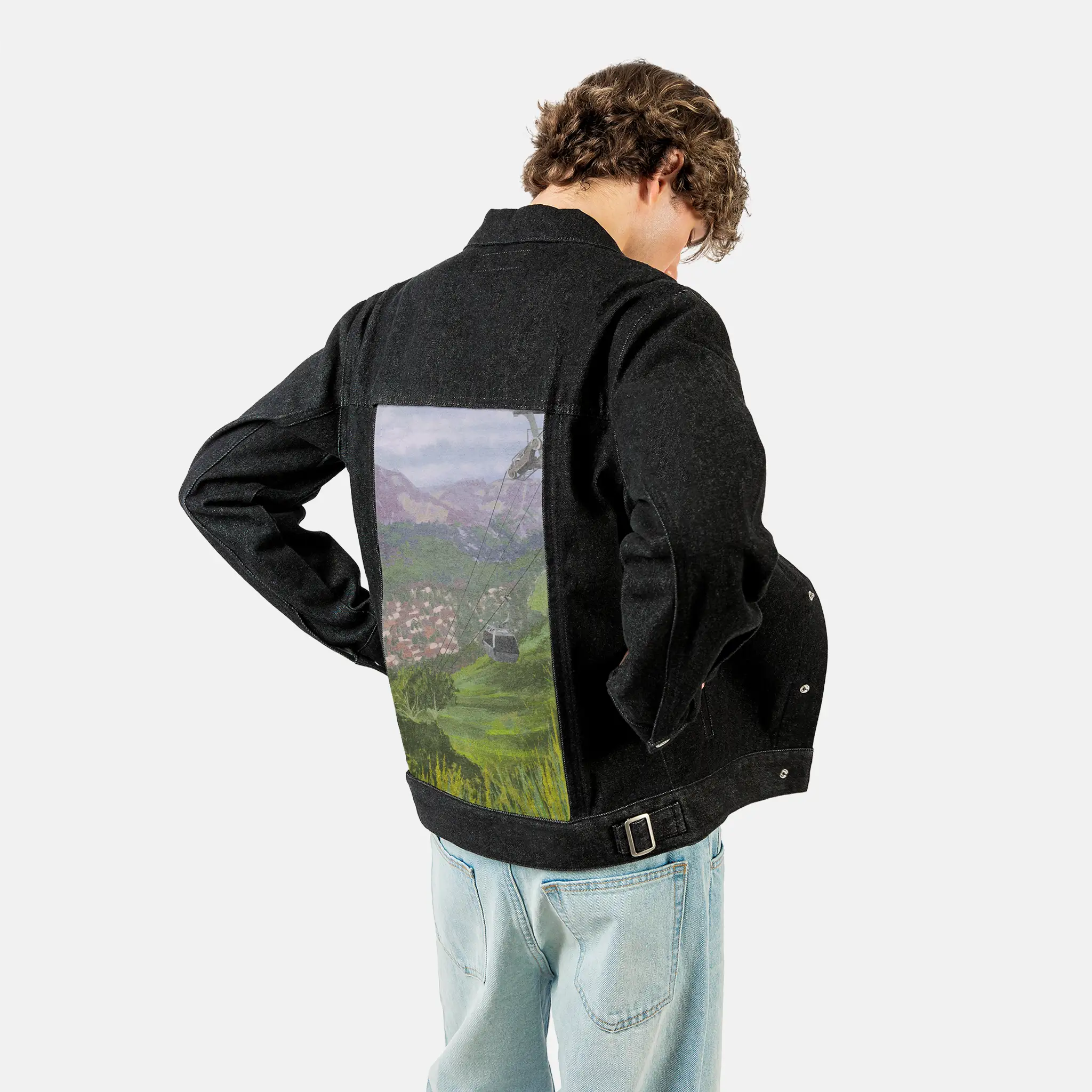 liftedlife patch on male og denim jacket in raven