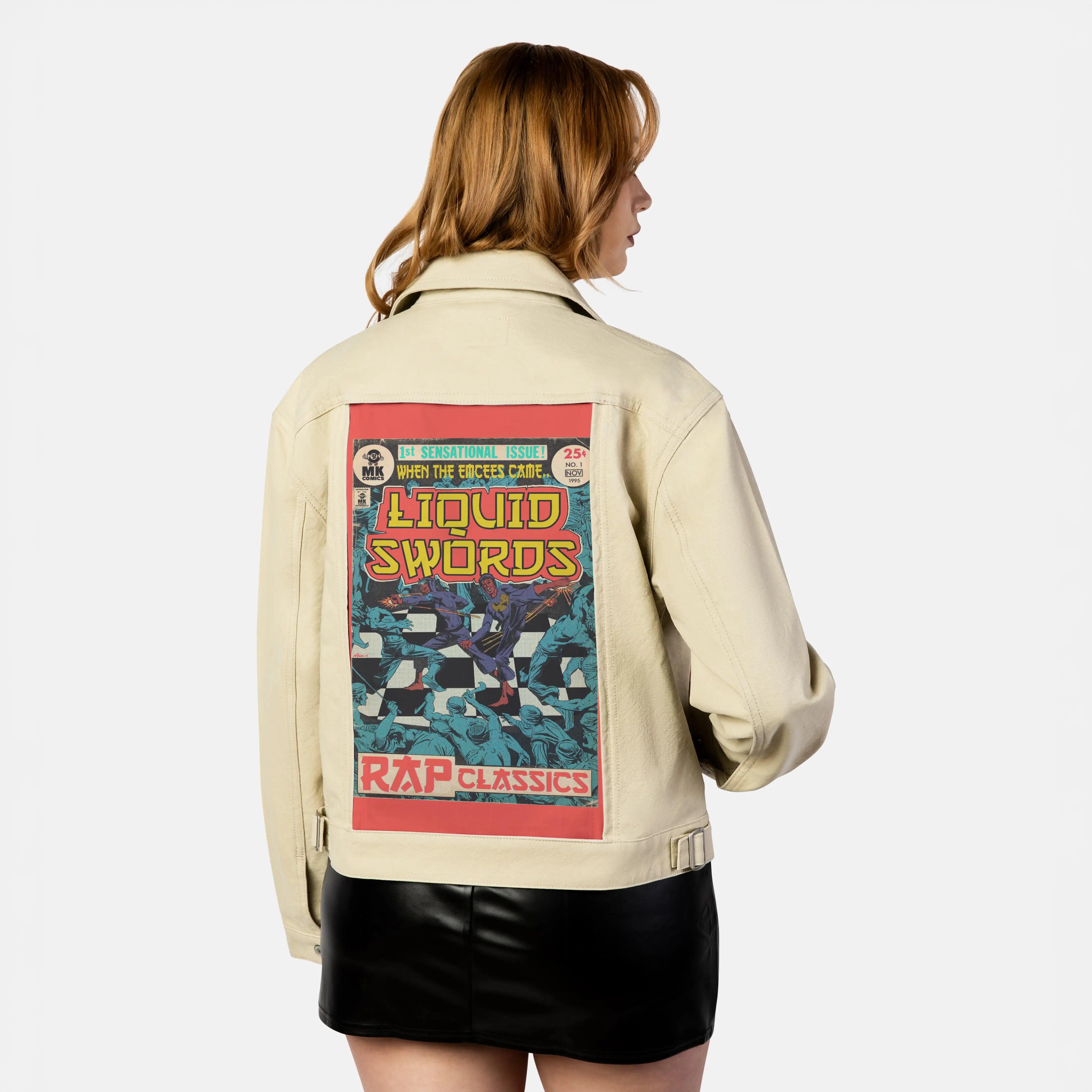 liquidswords patch on female atelier canvas jacket in tan