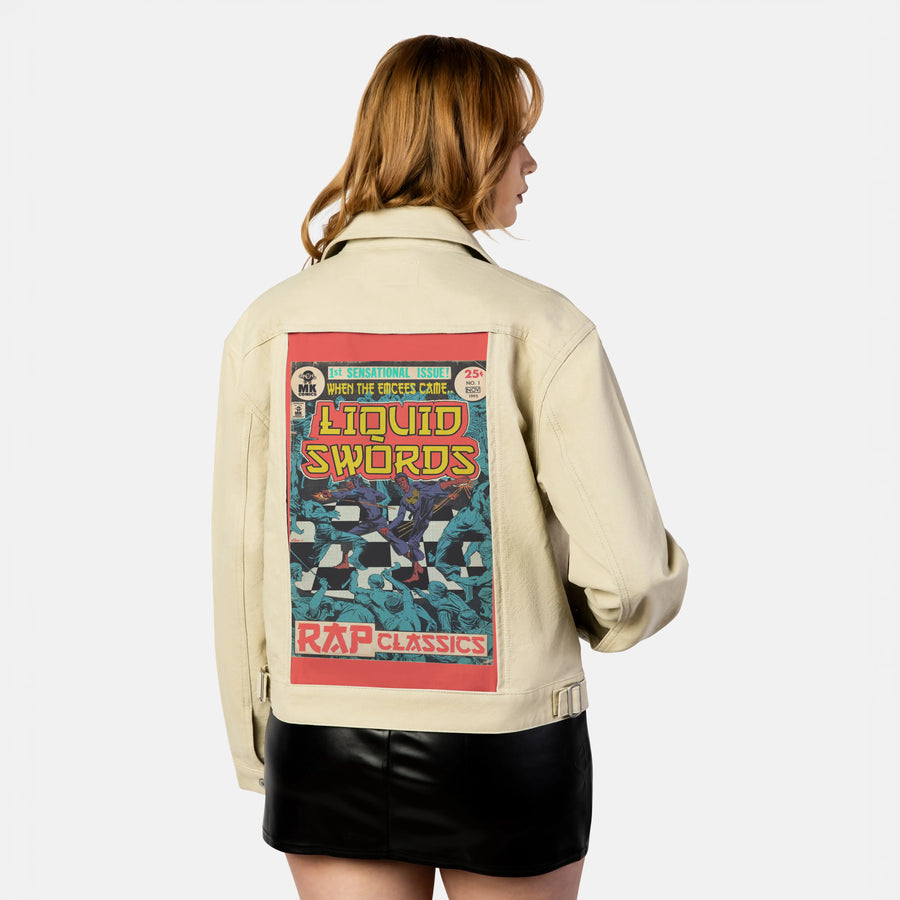 liquidswords patch on female atelier canvas jacket in tan