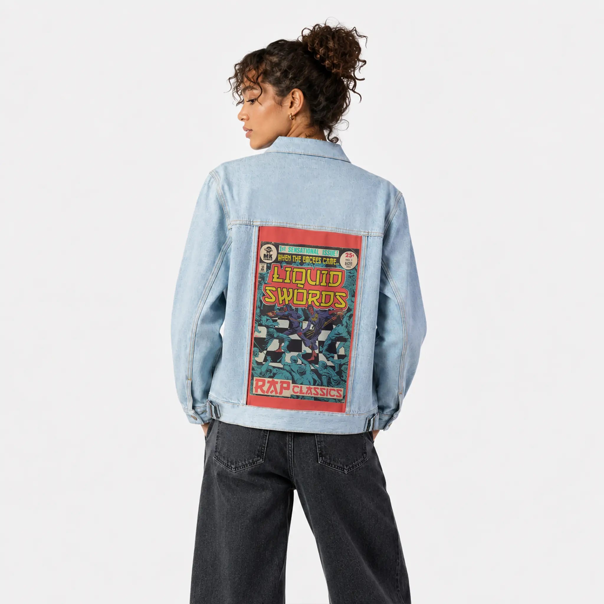 liquidswords patch on female og denim jacket in oceanside