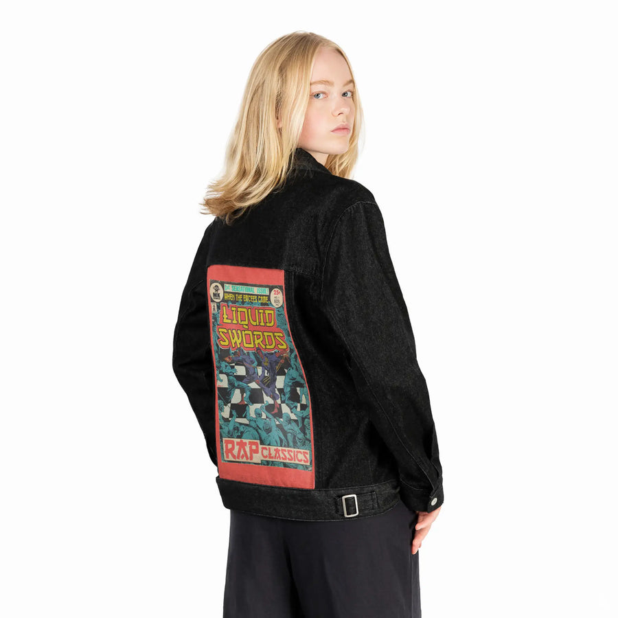 liquidswords patch on female og denim jacket in raven
