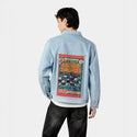 liquidswords patch on male og denim jacket in oceanside