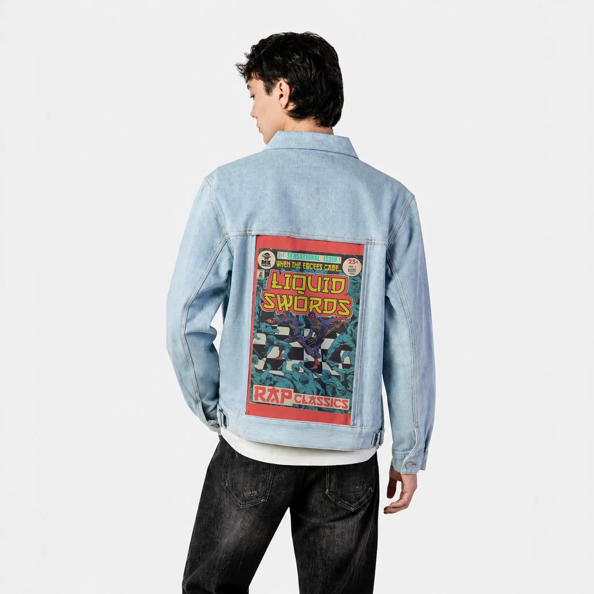liquidswords patch on male og denim jacket in oceanside