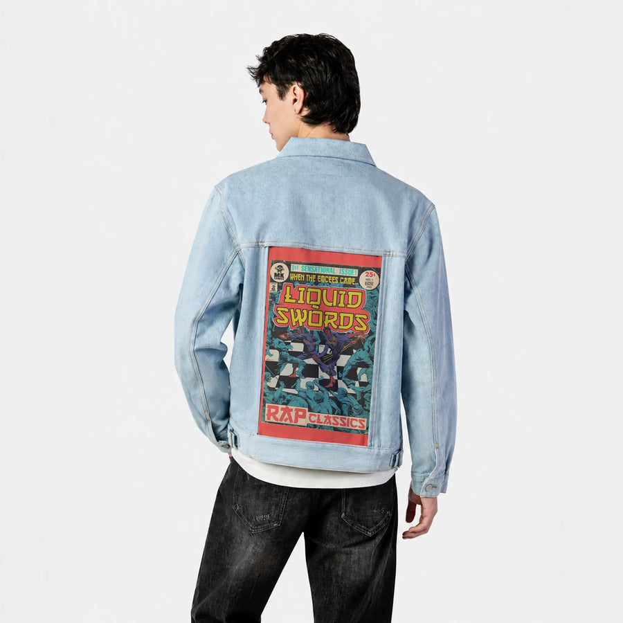 liquidswords patch on male og denim jacket in oceanside