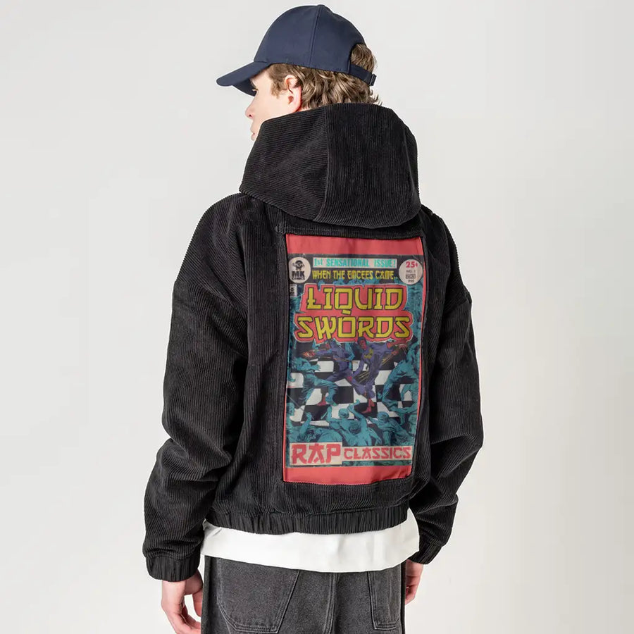 liquidswords patch on male retro cord hoodie in onyx