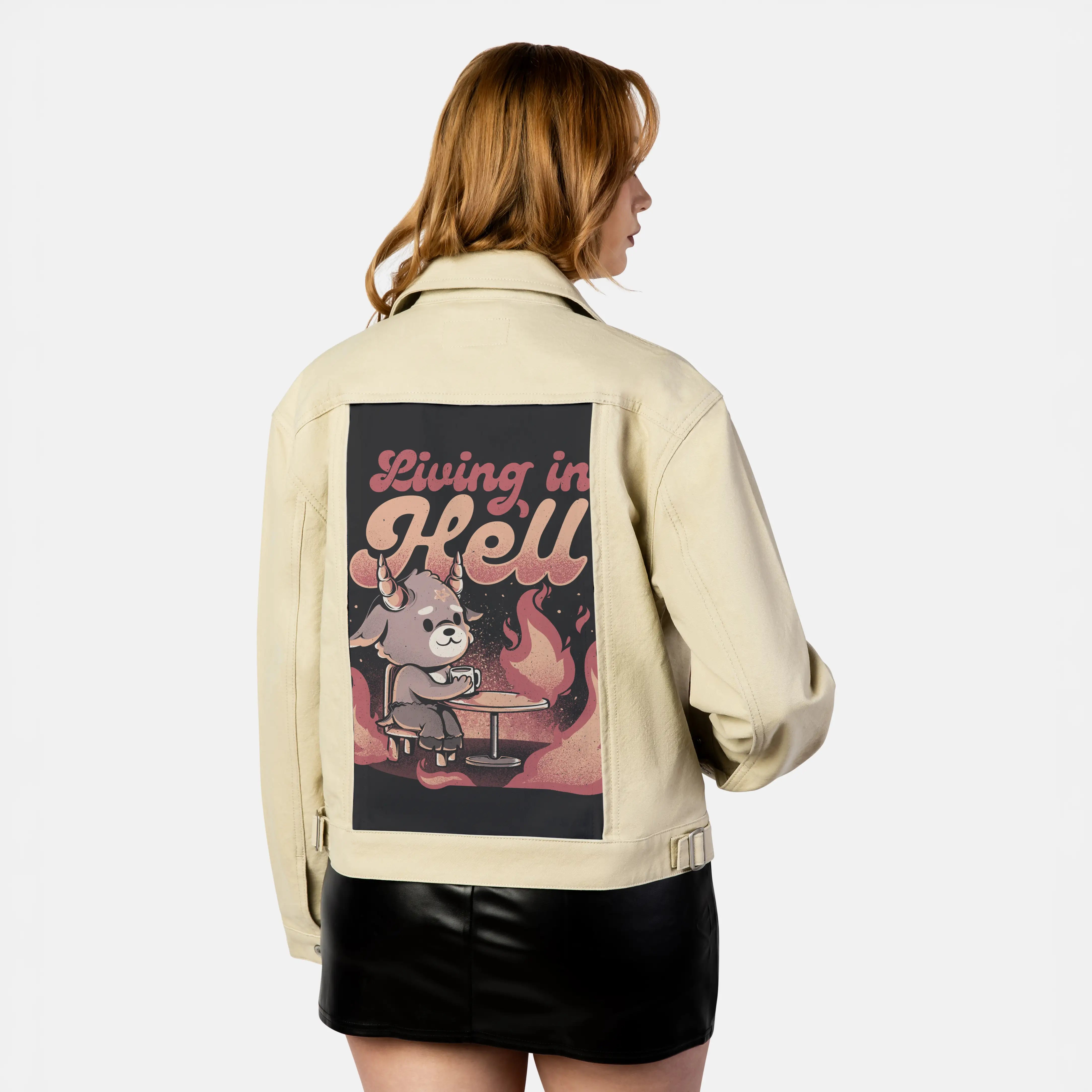 livinginhell patch on female atelier canvas jacket in tan