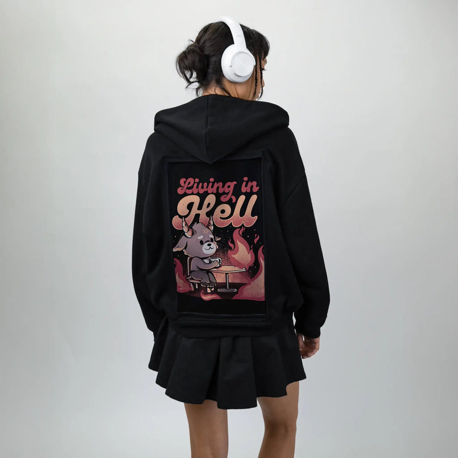 livinginhell patch on female essential zip hoodie in after hours