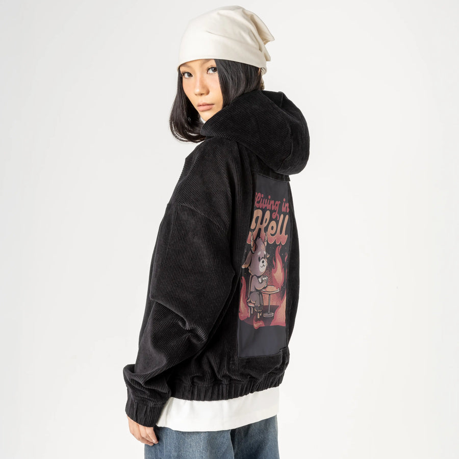 livinginhell patch on female retro cord hoodie in onyx