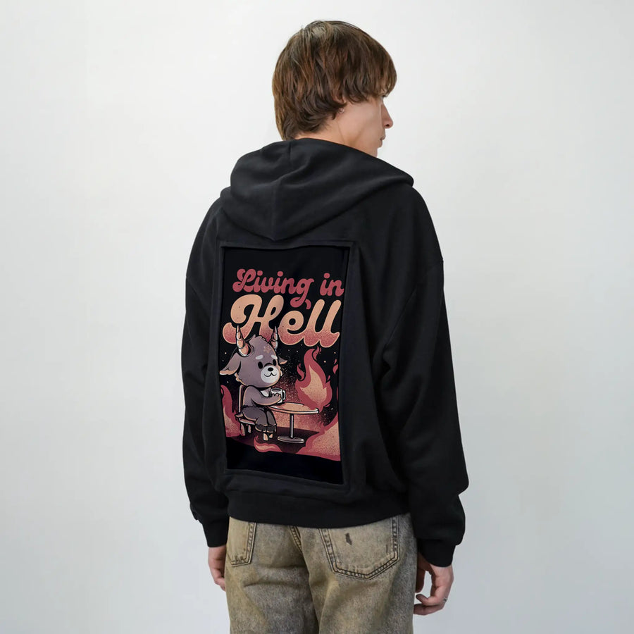 livinginhell patch on male essential zip hoodie in after hours